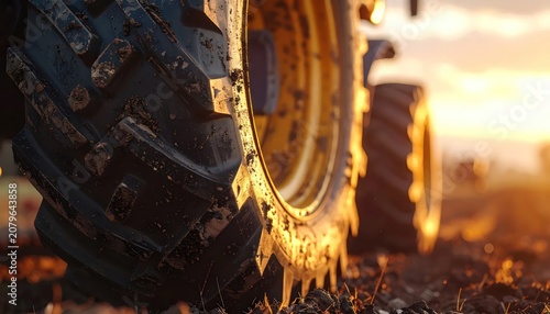 Close up of tractor tire in field at sunset
