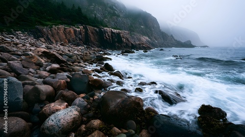 A dramatic and colorful rocky coastline featuring powerful waves crashing against rugged cliffs on a misty morning