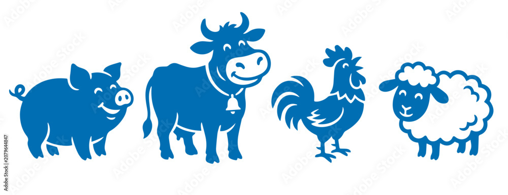 Obraz premium Cute farm animal icon set illustration featuring pig cow rooster and sheep