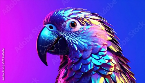 Close up of vibrant iridescent parrot head profile.
