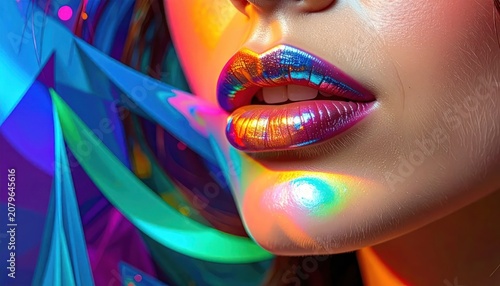 Close up of vibrant iridescent rainbow lipstick on model.