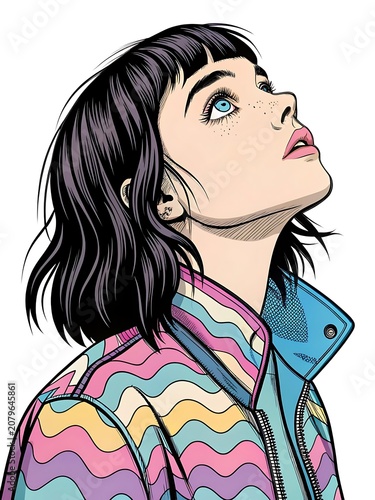 Side Profile Of Artistic Woman With Colorful Jacket Dreaming Of Future