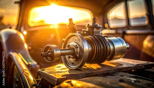 Close up of vintage car engine part at sunset.