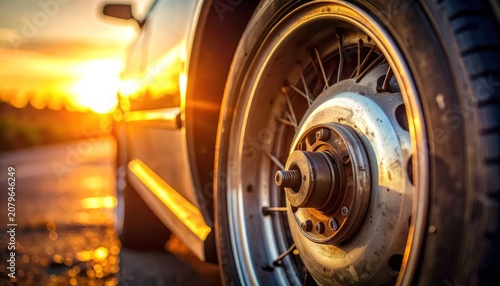 Close up of vintage car wheel at sunset