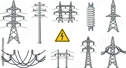 Bild auf Leinwand High Voltage Power Line Tower and Electrical Grid Substation Component Vector Ic