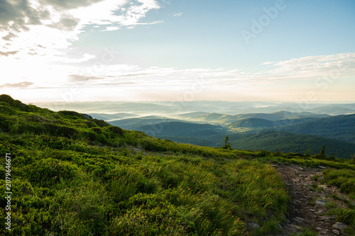 Scenic mountain landscape with green slopes, jagged rocks and a narrow hiking trail. Panoramic view of a vast forest valley and misty peaks. Nature adventure background