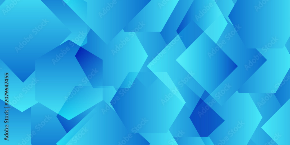 Obraz premium Abstract blue geometric background with overlapping gradient hexagon shapes and sharp polygon patterns for digital design. A mosaic of overlapping translucent geometric hexagon and polygon shapes.