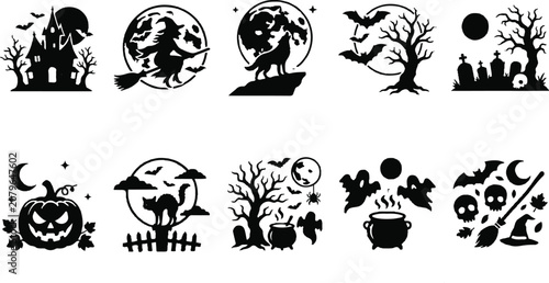 Halloween black silhouettes set with witch, pumpkin, bats and spooky trees