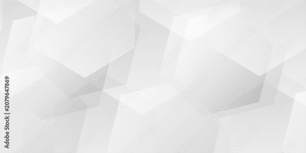 Fototapeta premium Abstract white and grey geometric background with overlapping translucent hexagon shapes and soft gradients. Subtle pattern of overlapping white and grey translucent hexagons
