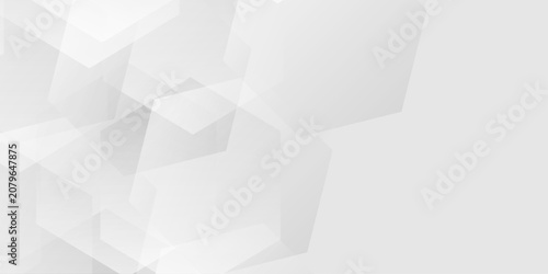 Canvas Print Abstract white and grey geometric background with overlapping translucent hexagon shapes and soft gradients