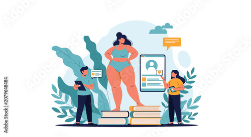 Group of people admiring a plus size fashion model standing on stacks of books displayed on a large smartphone screen app.