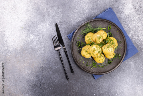 Boiled potatoes with fresh dill on dark plate dinner