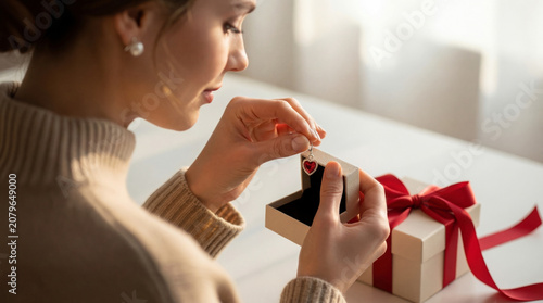 Woman opening a gift box with heart jewelry