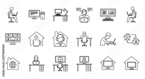 Принти на полотні Remote work icons, business productivity symbols, office workflow illustrations,