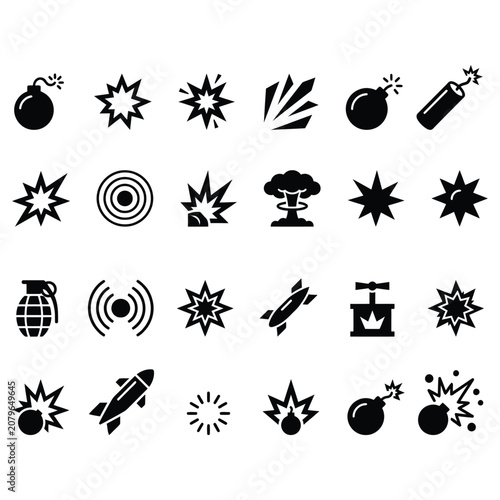 Photos Bomb and explosion icon set vector with dynamite grenade missile detonator and c
