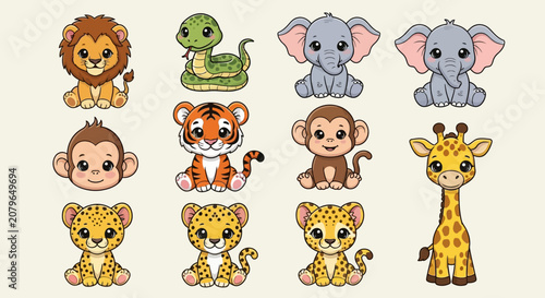 Canvas Print Cute safari animal icons, cartoon zoo creatures, colorful wildlife illustrations