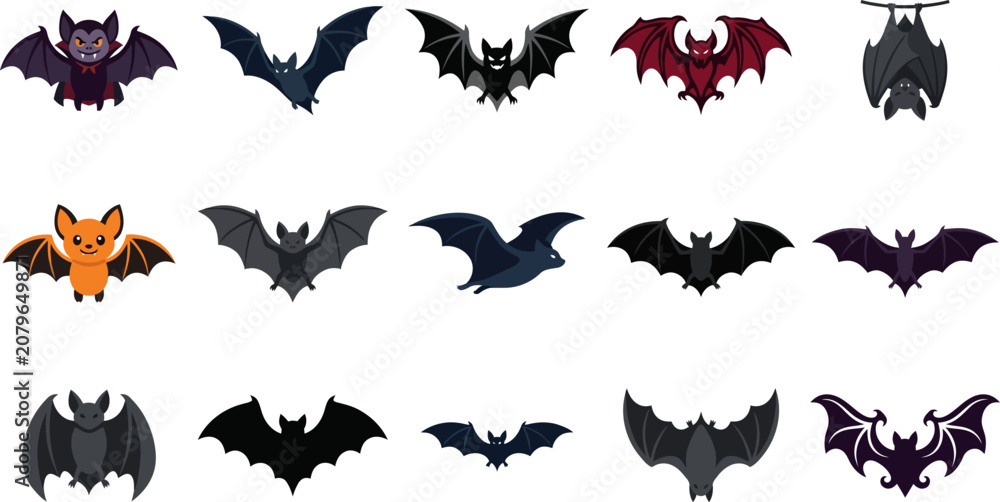 Fototapeta premium Halloween bats collection various cartoon bat illustrations for spooky decorations and designs