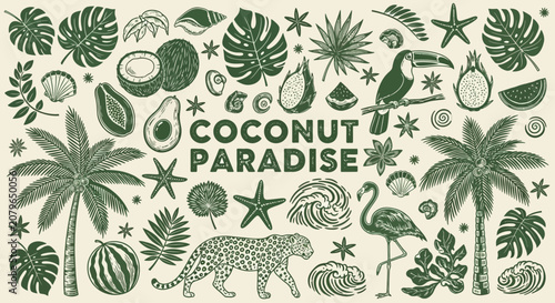 Cuadro en lienzo Tropical green icons, coconut paradise illustrations, palm tree symbols, exotic