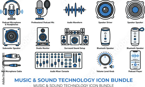 Music and Sound Technology Icon Bundle with Audio Equipment Recording and Multimedia Symbols