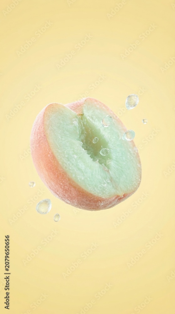 Fototapeta premium Half cut peach green flesh floats surrounded by crystal clear water droplets. Fresh minimalist aesthetic. Ideal for juice advertising health branding.