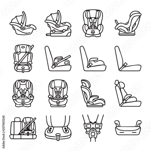 Collection of infant and child car seat line illustrations on white background