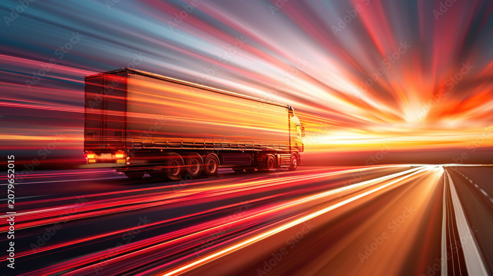 Fototapeta premium A long truck is driving on the highway, with motion blur and speed lines in the style of red color.