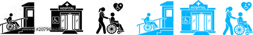 Hospital accessibility icons set showing wheelchair ramps and medical assistance with patient transport in black and blue colors on transparent background.