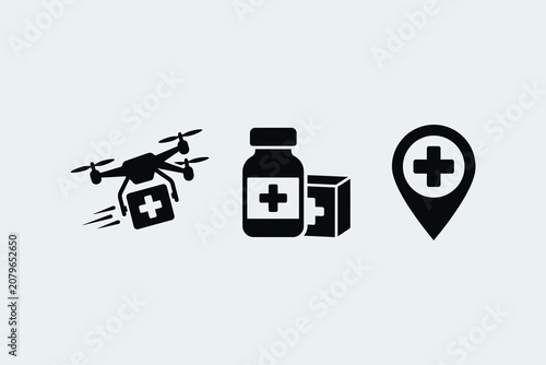 Medical logistics delivery icon set showing drone cargo transport pharmacy bottle supplies and hospital location pin for healthcare distribution services.