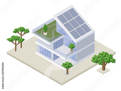 Isometric eco-friendly house with solar panels and green roof