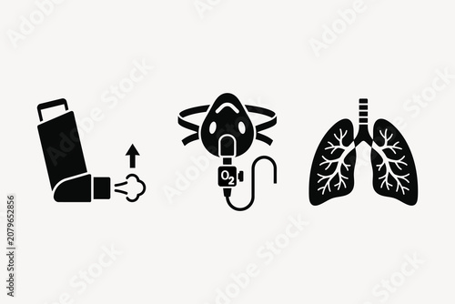 Asthma inhaler oxygen mask and human lungs icon set for respiratory system health care clinical treatment diagnostics and pulmonary medical information.