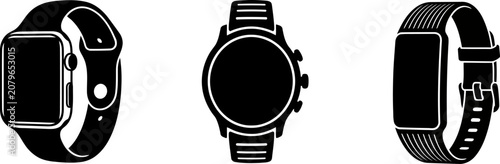 Three vector icons of smartwatches and fitness trackers in black on an isolated transparent background for modern accessories.