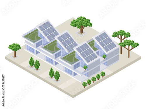 Isometric eco urban villas with solar panels and green roofs