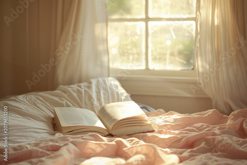 An open book lies on a white bed.