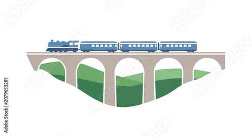 Train crossing scenic bridge with green hills, transportation and travel concept