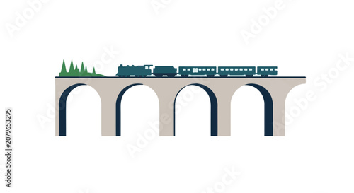 Vintage train crossing classic stone bridge with arches, scenic travel concept