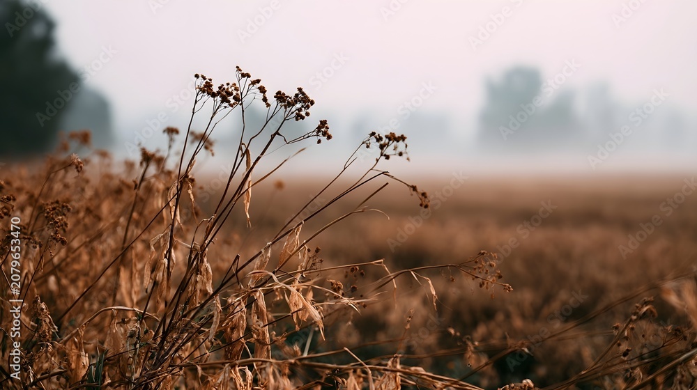 Obraz premium Wilted crops stretch across a dry field under a hazy misty sky symbolizing drought and early morning atmospheric conditions