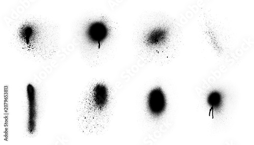 Photos Diverse black spray paint splatters and textured strokes with drips, isolated on transparent background for grunge design