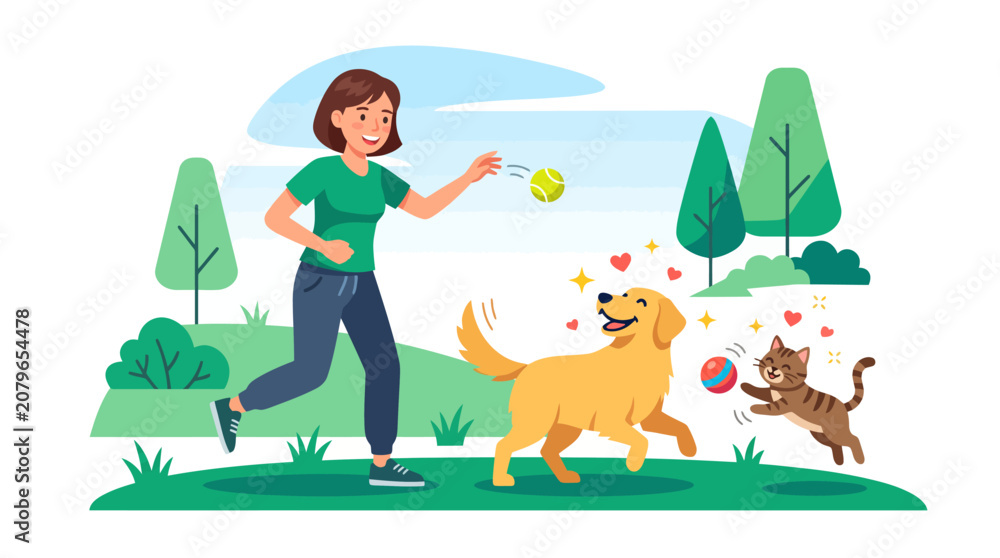Fototapeta premium Flat vector illustration of a happy woman playing with her dog and cat outdoors in a park setting, showing active care and joyful bonding between human and pets in nature.