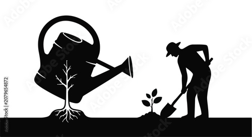 Gardening concept with person planting seedling and watering can