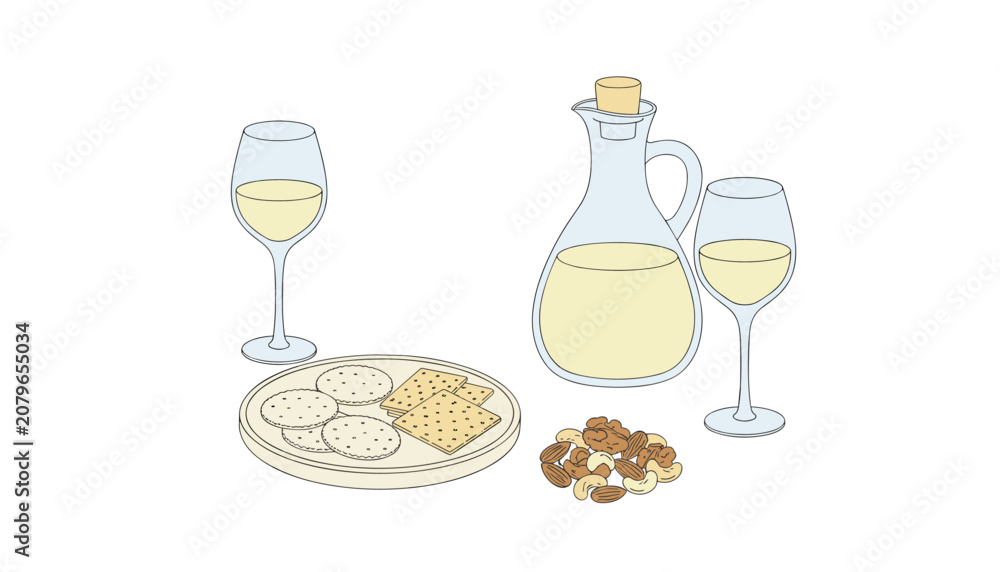 Obraz premium White wine service with a elegant glass carafe, two wine glasses, a platter of crackers, and a selection of assorted nuts for a relaxing evening.