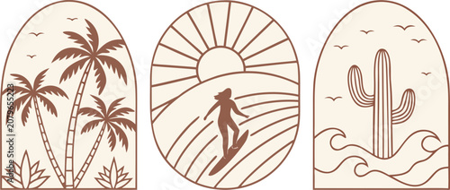 Photography Boho arch shaped illustrations featuring palm trees sunset surfing and cactus la