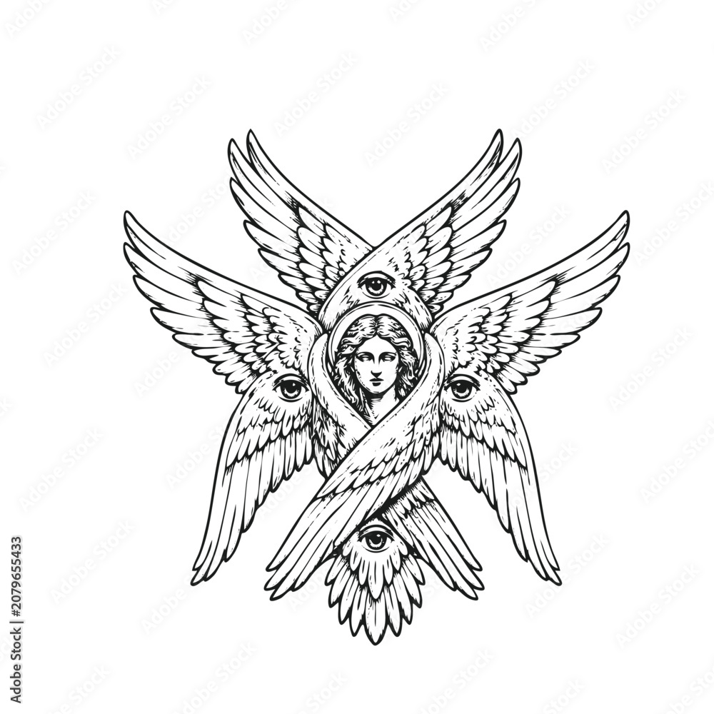 Obraz premium Vector Illustration of seraphim angel black and white sketch art. Ideal for tattoo, spirituality, religion, fantasy, and occult theme