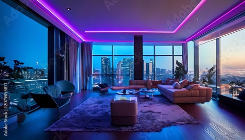 Modern bed Room Interior with neon vibe 
