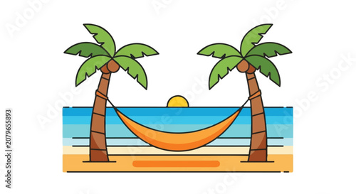 Relaxation concept with hammock on beach between palm trees at sunset