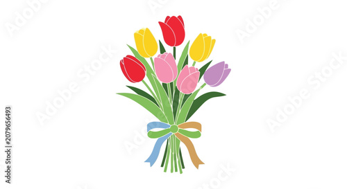 Colorful bouquet of tulips with ribbon, spring flowers, floral arrangement