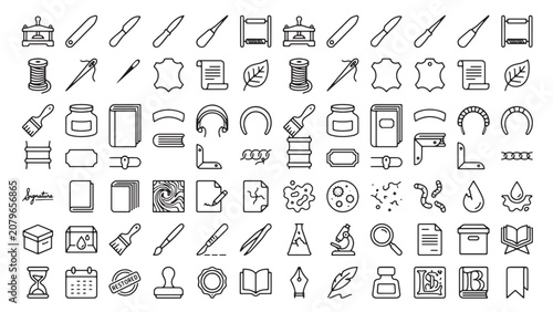 Obraz na płótnie Antiquarian bookbinding and vintage book restoration line icon illustration set