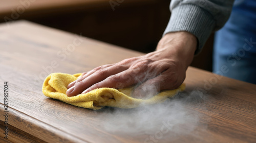 Close up of hand wiping wooden table with microfiber cloth during home cleaning, concept of housekeeping, hygiene, sanitation and domestic maintenance