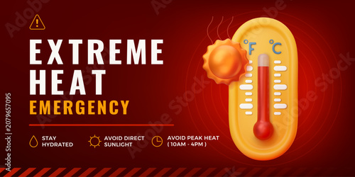 Extreme heat emergency alert banner with safety tips and 3D thermometer on dark red background. High temperature warning, record heat, extreme summer heatwave