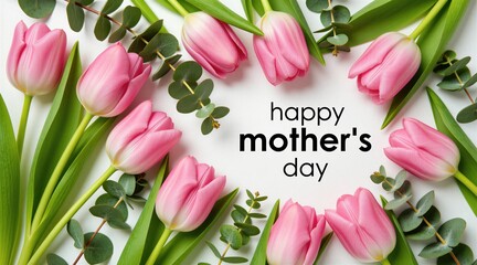 Pink tulips and eucalyptus leaves form a border around Happy Mothers Day text. Spring floral greeting card design. Celebrate love appreciation for mom.