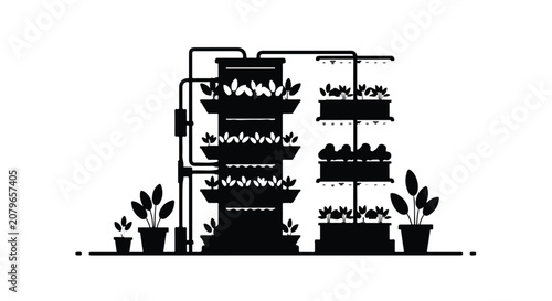 Modern indoor hydroponic farm with lush green plants growing on vertical shelves